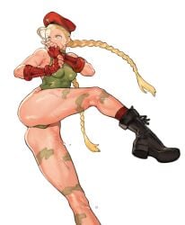 beret big_legs blonde_hair blue_eyes bodysuit boots braid braided_hair cammy_white clothed clothed_female female fight hat kick kicking light-skinned_female light_skin muscle muscles no_pants realistic_anatomy realistic_breast_size realistic_proportions shadowstarmagic street_fighter thick_thighs