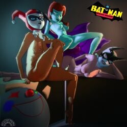 3girls batman:_the_animated_series batman_(series) birds blue_eyes breasts breasts catwoman catwoman_(dcau) criminal dc_comics dcau green_skin harley_quinn harley_quinn_(classic) legs_on_shoulders nipples nude pinup pinup_girls pinup_pose poison_ivy poison_ivy_(dcau) red_hair red_lipstick selina_kyle sunriser white_skin