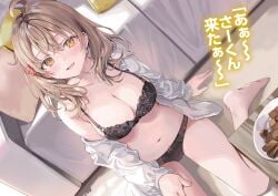 ahoge bare_belly bare_legs bare_shoulders bare_thighs barefoot belly_button big_breasts black_bra black_panties black_underwear blush bra breasts brown_hair cleavage collarbone feet hair_ornament hand_on_thigh japanese_text lace-trimmed_bra lace-trimmed_panties long_hair maria_mikhailovna_kujou momoko_(momopoco) novel_illustration off_shoulder official_art open_clothes panties parted_lips russian smile smiling thighs tokidoki_bosotto_russian_de_dereru_tonari_no_alya-san underwear yellow_eyes