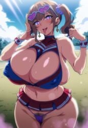 1girls ahe_gao ai_generated akane_nanao akane_wa_tsumare_somerareru big_breasts big_thighs blush breasts busty cheerleader cheerleader_uniform curvy female female_only giant_breasts gigantic_breasts heart-shaped_pupils heart-shaped_sunglasses horny horny_female huge_breasts huge_thighs large_breasts large_thighs massive_breasts milkersenjoyer navel pubic_hair sunglasses sunglasses_on_head takeda_hiromitsu thick_thighs thighs tongue_out twintails voluptuous