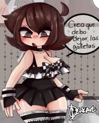 @_@ ahoge big_eyes big_head black_and_white_clothing blush_lines brown_eyes brown_hair brown_theme checkered_clothes cropped_legs frilled_legwear frilled_stockings front_view fully_clothed gacha goth hair legwear matching_hair/eyes miniskirt ringed_eyes spanish_text speech_bubble standing stylized thick_thighs upper_body