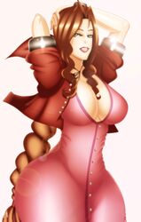 aerith_gainsborough arms_behind_head between_breasts braid brown_hair cleavage clothed curvy dress female female_only final_fantasy final_fantasy_vii green_eyes hair_between_breasts highres huge_breasts human jassycoco pose simple_background smile solo standing very_long_hair wide_hips