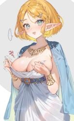 1girls big_breasts blush breasts busty cleavage dress dress_pull nintendo pointy_ears princess_zelda shuri_(84k) solo sweat tears_of_the_kingdom the_legend_of_zelda undressing zelda_(tears_of_the_kingdom)