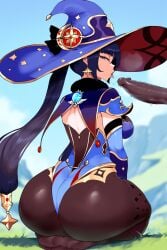 1boy 1girls ai_generated ass ass_focus big_ass blowjob breasts bubble_butt clothed dark-skinned_male dark_skin dumptruck_ass ene fat_ass fellatio genshin_impact hat hilichurls_(species) horny horny_female huge_ass interspecies kneeling large_ass looking_at_viewer mona_(genshin_impact) naughty_face on_knees open_mouth oral oral_sex outdoors round_ass saliva saliva_string saliva_trail thick thick_ass thick_thighs thighs tongue tongue_out voluptuous voluptuous_female wide_hips witch_hat