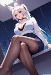 ai_generated balecxi black_bra collared_shirt crossed_legs feixiao_(honkai:_star_rail) forehead_jewel from_below honkai:_star_rail looking_at_viewer office_lady pantyhose ponytail red_eyeshadow two_tone_hair white_hair white_shirt