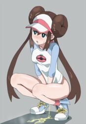 1girls artist_request blue_eyes blush bottomless brown_hair clothed covering_crotch double_bun drooling female looking_pleasured masturbation peeing pokemon raglan_sleeves rayphenos rosa_(pokemon) shoes sneakers solo squatting visor