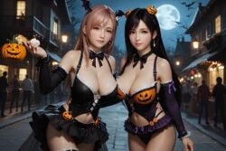 2girls ai_generated big_breasts corset_dress dead_or_alive dead_or_alive_xtreme_venus_vacation final_fantasy_vii halloween halloween_2024 halloween_accessory halloween_costume halloween_decoration honoka_(doa) hourglass_figure hug_from_side huge_breasts lace_stockings looking_at_viewer moon night public pumpkin_accessory rekcah_mhf revealing_clothes ribbon_choker short_skirt smile standing_pose street tifa_lockhart