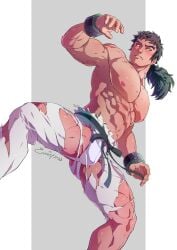 1boy abs armpits bara black_hair blush bracelet bruno_(pokemon) commentary english_commentary evinist highres jewelry jockstrap large_pectorals long_hair male_focus male_only male_underwear martial_arts_belt muscular muscular_male navel nipples pants pectorals pokemon pokemon_frlg ponytail signature simple_background solo thighs topless_male torn_clothes torn_pants underwear white_pants