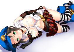 bag belt black_hair blue_eyes breasts choker elbow_gloves female fingerless_gloves gloves green_eyes hat looking_at_viewer loose_necktie lying marie_(persona_4) megami_tensei necktie nipples on_side panties panty_pull persona persona_4 persona_4_the_golden plaid plaid_skirt pleated_skirt see-through shirt short_hair simple_background skirt sleeveless sleeveless_shirt solo striped striped_gloves striped_legwear thighhighs un4lord underwear wet wet_clothes wet_shirt white_background white_panties