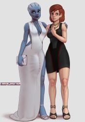 1futa 1girl 2d alien asari blue_skin bulge dandypixelmoto dress femshep futanari jane_shepard liara_t'soni mass_effect red_hair