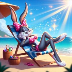 ai_generated beach bikini bow bugs_bunny crossdressing genderswap_(mtf) legs_crossed looney_tunes rule_63