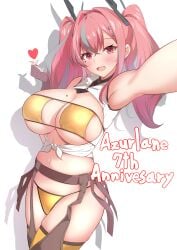 :d absurdres anniversary arm_up armpits azur_lane bare_shoulders bikini blush breasts bremerton_(azur_lane) brown_gloves cleavage commentary_request cowboy_shot crop_top drop_shadow english_text female finger_heart fingerless_gloves framed_breasts gloves gold_bikini grey_hair hair_between_eyes hair_intakes hair_ornament hairclip highres large_breasts long_hair looking_at_viewer mole mole_on_breast mole_under_eye multicolored_hair navel official_alternate_costume open_mouth outstretched_arm pink_eyes pink_hair red_eyes shadow shirt sidelocks simple_background skindentation sleeveless sleeveless_shirt smile solo standing stomach streaked_hair swimsuit thighhighs tied_shirt twintails two-tone_hair white_background white_shirt yellow_thighhighs yumemin_(yumemi5140)