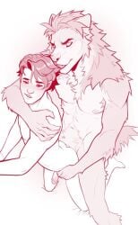 abs anal anal_sex anthro anthro_penetrating anthro_penetrating_human armpit_hair blush blush_lines body_hair canid canine canis circumcised claws closed_eyes duo flaccid fluffy from_behind_position genitals hi_res holding_partner human human_on_anthro human_penetrated humanoid_genitalia humanoid_penis interspecies looking_pleasured male male/male mammal monochrome muscular muscular_anthro navel neck_tuft nipples nude open_mouth pecs penetration penis sex simple_background size_difference tail teeth_showing tuft unknown_artist wolf