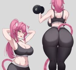 2girls alternate_costume alternate_hairstyle animal_ears armpits ass ass_focus back backboob big_breasts black_pants black_sports_bra blush booty breasts cat_ears cat_girl cat_tail cleavage clothing dumbbell exercising female female_focus female_only grey_background hair highres hololive hololive_english hololive_english_-justice- huge_ass large_breasts light-skinned_female long_hair midriff multicolored_hair multiple_views navel one_eye_closed pants pink_hair ponytail raora_panthera self-upload sideboob simple_background solo sports_bra standing stomach streaked_hair sweat tail thighs two-tone_hair virtual_youtuber weightlifting white_hair yellow_eyes yoga_pants zeropengr