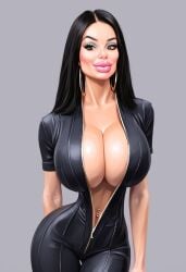 ai ai_generated anel_mcbride bimbo bimbo_body bimbo_lips black_hair blank_background fake_breasts hairdresser jumpsuit massive_breasts oc original_character pinup unzipped