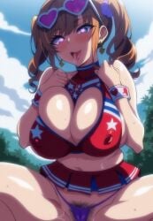 1girls ahe_gao ai_generated akane_nanao akane_wa_tsumare_somerareru big_breasts big_thighs blush breasts busty cheerleader cheerleader_uniform curvy female female_only giant_breasts gigantic_breasts heart-shaped_pupils heart-shaped_sunglasses horny horny_female huge_breasts huge_thighs large_breasts large_thighs massive_breasts milkersenjoyer navel pubic_hair sunglasses sunglasses_on_head takeda_hiromitsu thick_thighs thighs tongue_out twintails voluptuous