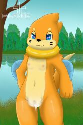 blue_eyes bodily_fluids breasts buizel clitoris cum cum_in_pussy cum_inside female feral forest fur generation_4_pokemon genital_fluids genitals heart_eyes heart_symbol hi_res jungle looking_at_viewer mammal navel nintendo orange_body orange_fur plant pokemon pokemon_(species) pussy sea silavos smile solo tree vaginal_fluids water watermark