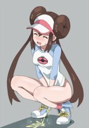 artist_request blush bottomless brown_hair closed_eyes covering_crotch double_bun drooling female looking_pleasured masturbation peeing pokemon raglan_sleeves rayphenos rosa_(pokemon) shoes sneakers squatting visor