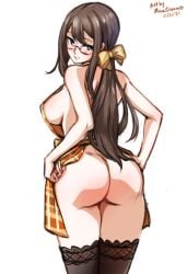 1girls apron ass back blush booty bow breasts brown_eyes brown_hair butt_crack female from_behind glasses hairbow huge_ass juusan_kihei_bouei_ken lace-trimmed_legwear lace_trim large_breasts long_hair looking_back mina_cream minacream nude plaid_apron plaid_clothes ponytail sideboob solo thighhighs thighs yakushiji_megumi