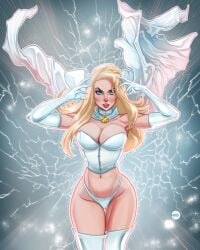 blonde_hair blue_eyes cleavage emma_frost female hard_round hellfire_club large_breasts marvel marvel_comics small_panties white_queen wide_hips x-men