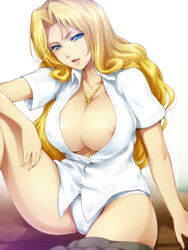 1girls areolae between_breasts big_breasts bleach blonde_hair blue_eyes breasts cleavage female female_only hairu huge_breasts jewelry large_breasts lips long_hair looking_at_viewer matsumoto_rangiku mole necklace necklace_between_breasts nipple_slip nipples open_clothes open_mouth open_shirt panties school_uniform shirt skirt skirt_around_one_leg solo underwear white_panties