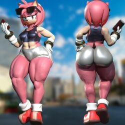 3d 3d_(artwork) 3d_model amy_rose background big_ass bracelet cityscape crop_top furry gloves hand_on_hip muscular_thighs mxnhnt shoes shorts smartphone sonic_(series) sonic_the_hedgehog_(series) sunglasses sunglasses_on_head