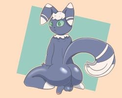 1boy anthro ass big_butt blue_body femboy furry generation_6_pokemon genitals green_eyes looking_at_viewer looking_back male male_meowstic meowstic nintendo penis pokemon pokemon_(species) simple_background sodacrumble solo tail