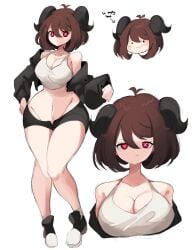 big_breasts bra brown_hair character_sheet cute emi_(gazericc) gazericc light-skinned_female no_background open_jacket original original_character ram_horn red_eyes reference_sheet resting_bitch_face short_hair short_shorts slightly_chubby thick_thighs