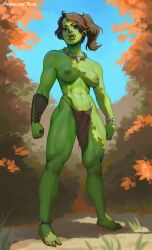 1girls 2023 areolae artist_name autumn_leaves barefoot blue_sky breasts brown_hair colored_skin commentary day english_commentary fangs fantasy female female_only female_orc full_body grass green_skin highres jewelry loincloth looking_at_viewer marmalademum muscular muscular_female necklace nipples orc orc_female original outdoors outside sky solo solo_female topless tusks