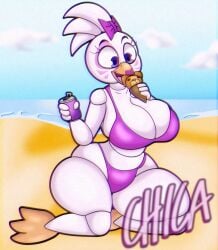 beach big_breasts bikini breasts female five_nights_at_freddy's five_nights_at_freddy's:_security_breach glamrock_chica_(fnaf) ice_cream ice_cream_cone ocean pink_bikini purple_eyes soda soda_can solo someth1ngoranother text white_feathers wide_hips