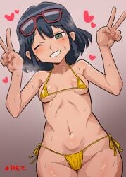 1girls arms_up asian bikini blue_hair blush camera_view celia_hills double_v female glasses glasses_on_head green_eyes heart inazuma_eleven japanese light-skinned_female light_skin one_eye_closed otonashi_haruna peace_sign short_hair solo solo_female sweat toriyarou yellow_bikini