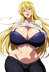 ai_generated black_pants blonde_hair blondie blue_bra character_request curvy_body curvy_figure dan16369336 female gigantic_breasts highschool_of_the_dead huge_breasts marikawa_shizuka shizuka_marikawa submissive_pose tagme tagme_(character) twitter_link