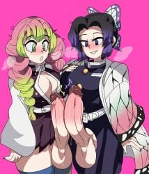 2futas bangs captain_kirb clothed clothing comparing_penis demon_slayer duo erection futa_on_futa futa_only futanari human kanroji_mitsuri kimetsu_no_yaiba kochou_shinobu light_skin mostly_clothed precum smooth_balls smooth_penis standing