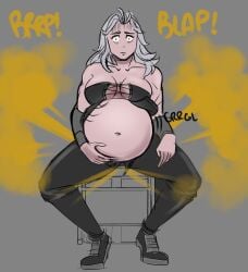 1girl 1girls belly belly_expansion belly_inflation big_belly big_breasts bloated bloated_belly bloated_stomach bloated_tummy breasts cleavage dorohedoro fart fart_cloud fart_fetish farting female female_focus female_only gassy gassy_female huge_belly lolotron6 noi_(dorohedoro) onomatopoeia tagme text