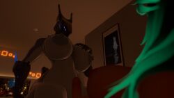 3d bedroom_eyes blue_eyes dragon_girl female futanari green_hair hand_on_breast robot salta-3488 tan_body vrchat vrchat_avatar