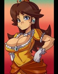 1girls big_breasts blue_eyes breasts brown_hair cleavage crown detached_collar dress earrings female flower_earrings gloves hands_on_hips large_breasts looking_at_viewer mario_(series) moxydrawsmore nintendo orange_dress princess_daisy short_hair solo solo_female solo_focus white_gloves