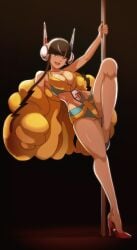 black_hair blue_eyes coat elesa_(pokemon) elesa_(pokemon_bw2) female gym_leader headphones high_heels highres long_legs looking_at_viewer open_mouth pokemon pokemon_bw2 simple_background smile solo stripper_pole twintails vivivoovoo