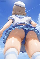 ai_generated ass brown_hair cameltoe female from_behind from_below hat love_live! love_live!_sunshine!! outdoors panties short_hair skirt solo thighhighs thighs thong upskirt watanabe_you