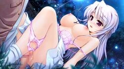 1boy arm_support bekkankou bra breasts censored daitoshokan_no_hitsujikai female game_cg large_breasts long_hair mochizuki_maho_(daitoshokan_no_hitsujikai) night outdoors panties pink_bra pink_panties purple_eyes sitting skirt solo_focus underwear white_hair