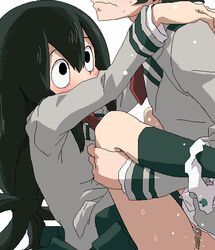 1boy 1girls black_eyes black_hair blush bones_(studio) censored faceless_male female freckles izuku_midoriya knee_socks leg_lock legs_up long_hair my_hero_academia oekaki panties panty_pull penis school_uniform sex shounen_jump sketch socks sweat tomu_(tomubobu) tomubobu tsuyu_asui u.a._school_uniform underwear