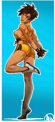 1girls 2d ass blizzard_entertainment brown_hair female female_only fingerless_gloves from_below ganassa goggles looking_at_viewer looking_down overwatch overwatch_2 pose shiny shiny_skin short_hair shorts sideboob simple_background solo tan tiptoes tomboy tongue tongue_out tracer visor
