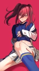 1boy blue_lock cheerleader crossdressing femboy hyoma_chigiri kumoy_08 male midriff red_eyes red_hair skirt solo tomgirl twintails