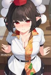 above_view big_breasts black_hair cleavage clothed kanpa_(campagne_9) looking_at_viewer pointy_ears red_eyes shameimaru_aya tokin_hat touhou