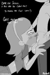 1boy 1girls 2024 adult_swim all_the_way_to_the_base big_penis black_and_white blowjob deepthroat dialogue face_fucking face_in_crotch holding_head jessica_(rick_and_morty) madmark morty_smith rick_and_morty sketch tearing_up