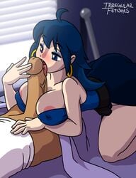 ahoge arc_the_lad areola ass bare_shoulders bed belt big_breasts blue_eyes blue_hair blush breasts bursting_breasts cleavage clothed earrings eyeshadow fellatio female hair hoop_earrings irregular_fetishes licking long_hair male naughty_face nipples on_top open_mouth oral paizuri penis shante sheets straight thighs tongue window