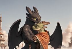 
anthro 
detailed 
dragon 
toothless ai_generated aurugy cloud digital_drawing_(artwork) digital_media_(artwork) duo embrace eyes_closed fantasy furry hi_res hug hugging kobold looking_at_another love male male/male outdoors outside romantic scales size_difference stable_diffusion