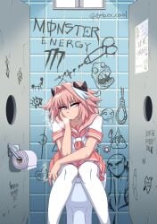 1boy 1femboy astolfo_(fate) clothing ember_cool fate/grand_order fate_(series) femboy girly glory_hole male male_only navel smoking stockings toilet white_stockings