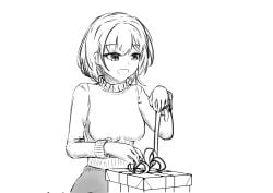 1girls clothing coco-daufu female gift happy monochrome open_mouth original present shirt short_hair smile turtleneck unwrapping