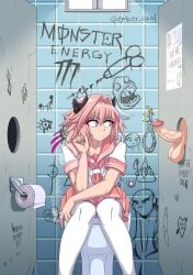 1femboy 2boys astolfo_(fate) balls clothing ember_cool fate/grand_order fate_(series) femboy girly glory_hole male male_only navel penis smoking stockings toilet white_stockings