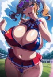 1girls ahe_gao ai_generated akane_nanao akane_wa_tsumare_somerareru big_breasts big_thighs blush breasts busty cheerleader cheerleader_uniform curvy female female_only giant_breasts gigantic_breasts heart-shaped_pupils heart-shaped_sunglasses horny horny_female huge_breasts huge_thighs large_breasts large_thighs massive_breasts milkersenjoyer navel pubic_hair sunglasses sunglasses_on_head takeda_hiromitsu thick_thighs thighs tongue_out twintails voluptuous